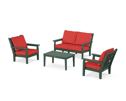 POLYWOOD® Chippendale 4-Piece Deep Seating Set with Loveseat in Green / Crimson Linen