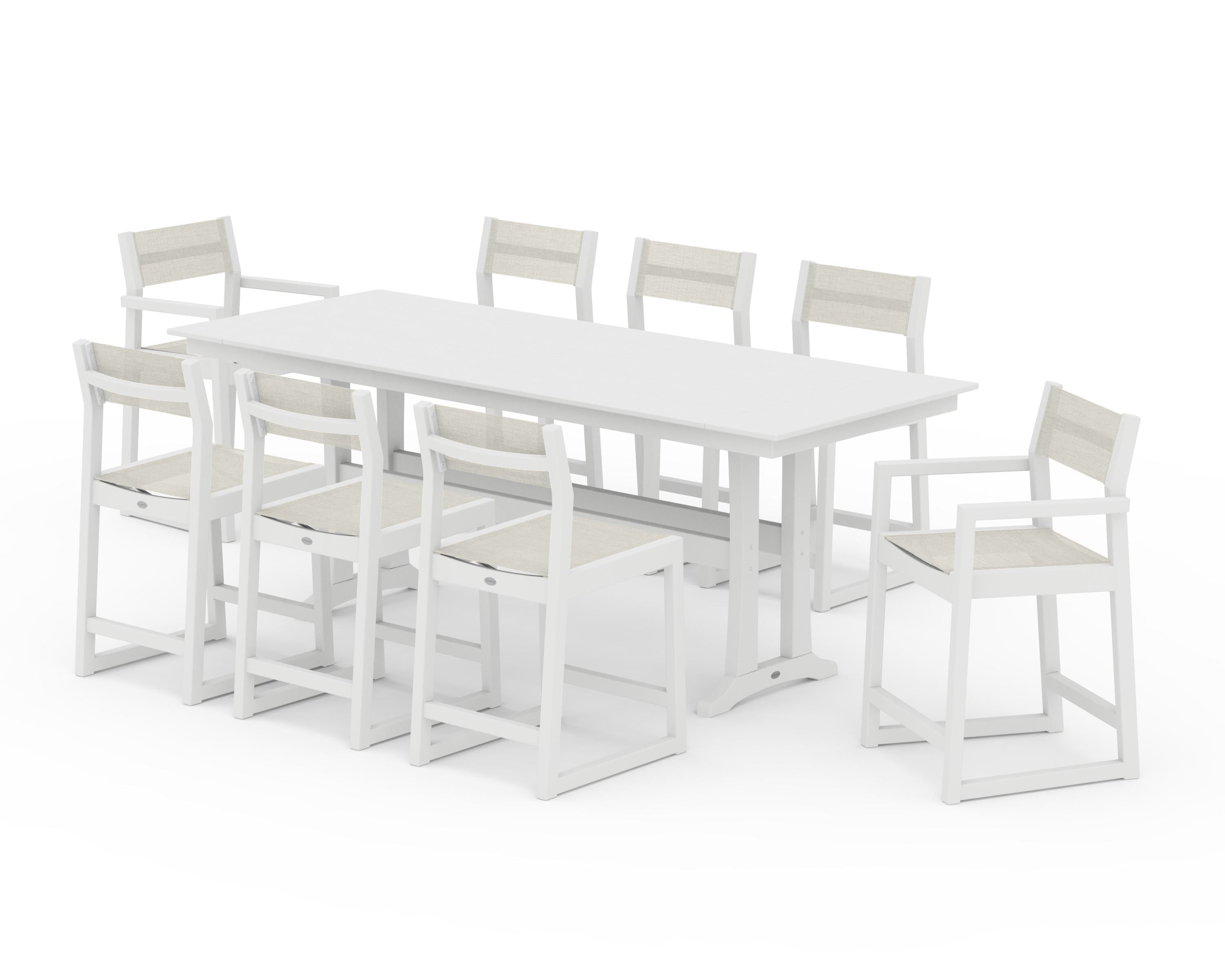 POLYWOOD® EDGE Sling 9-Piece Farmhouse Counter Set with Trestle Legs in White / Parchment Sling