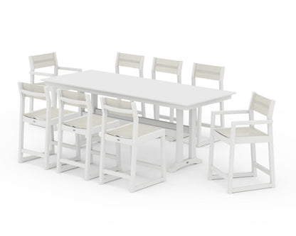 POLYWOOD® EDGE Sling 9-Piece Farmhouse Counter Set with Trestle Legs in White / Parchment Sling