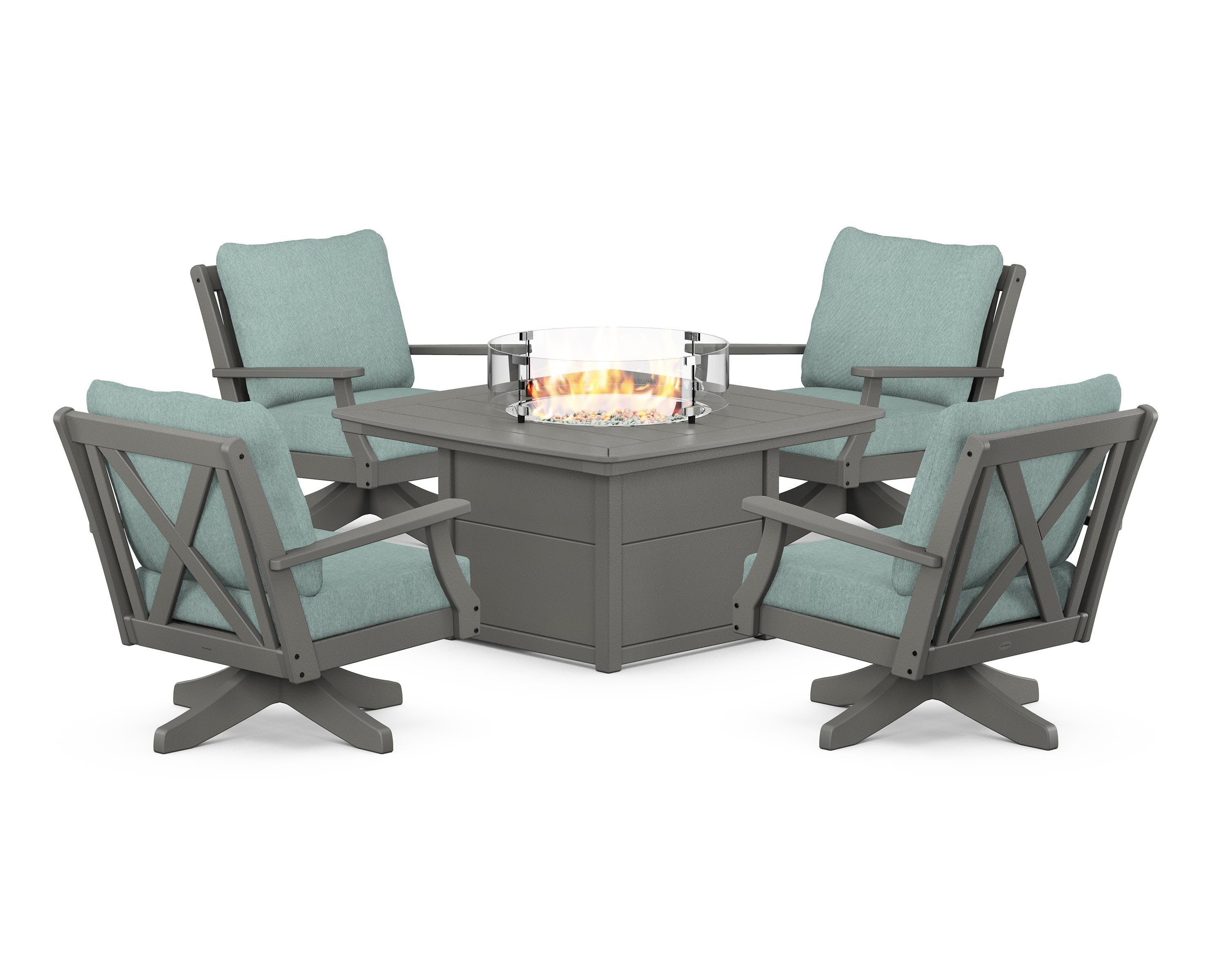 POLYWOOD® Braxton 5-Piece Deep Seating Swivel Conversation Set with Fire Pit Table in Slate Grey / Glacier Spa