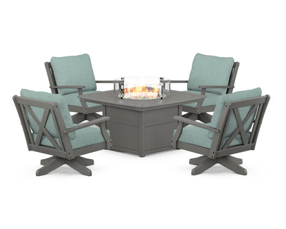 POLYWOOD® Braxton 5-Piece Deep Seating Swivel Conversation Set with Fire Pit Table in Slate Grey / Glacier Spa
