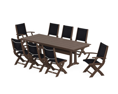 POLYWOOD® Coastal 9-Piece Folding Dining Chair Farmhouse Dining Set with Trestle Legs in Mahogany / Black Sling