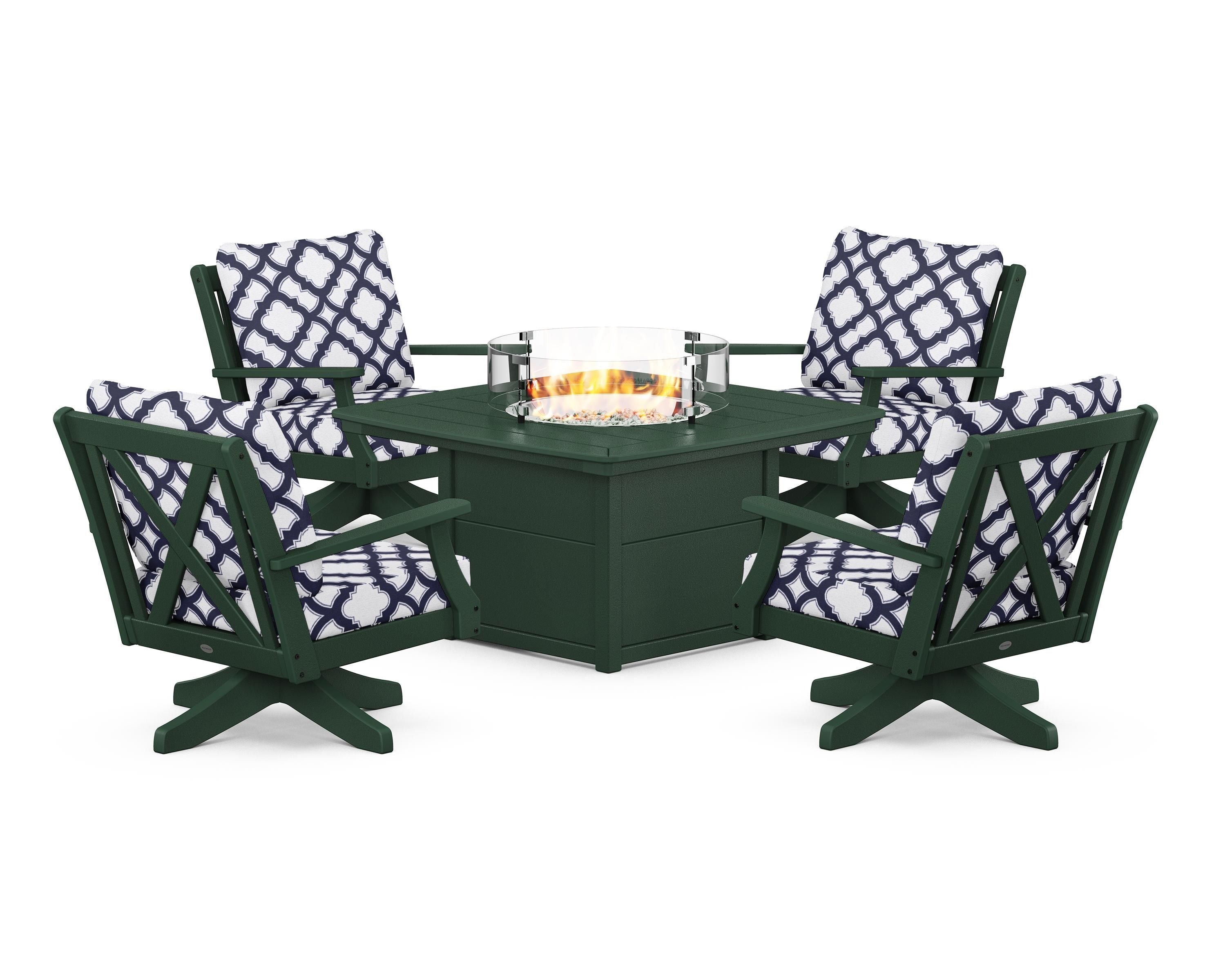 POLYWOOD® Braxton 5-Piece Deep Seating Swivel Conversation Set with Fire Pit Table in Green / Trellis Navy