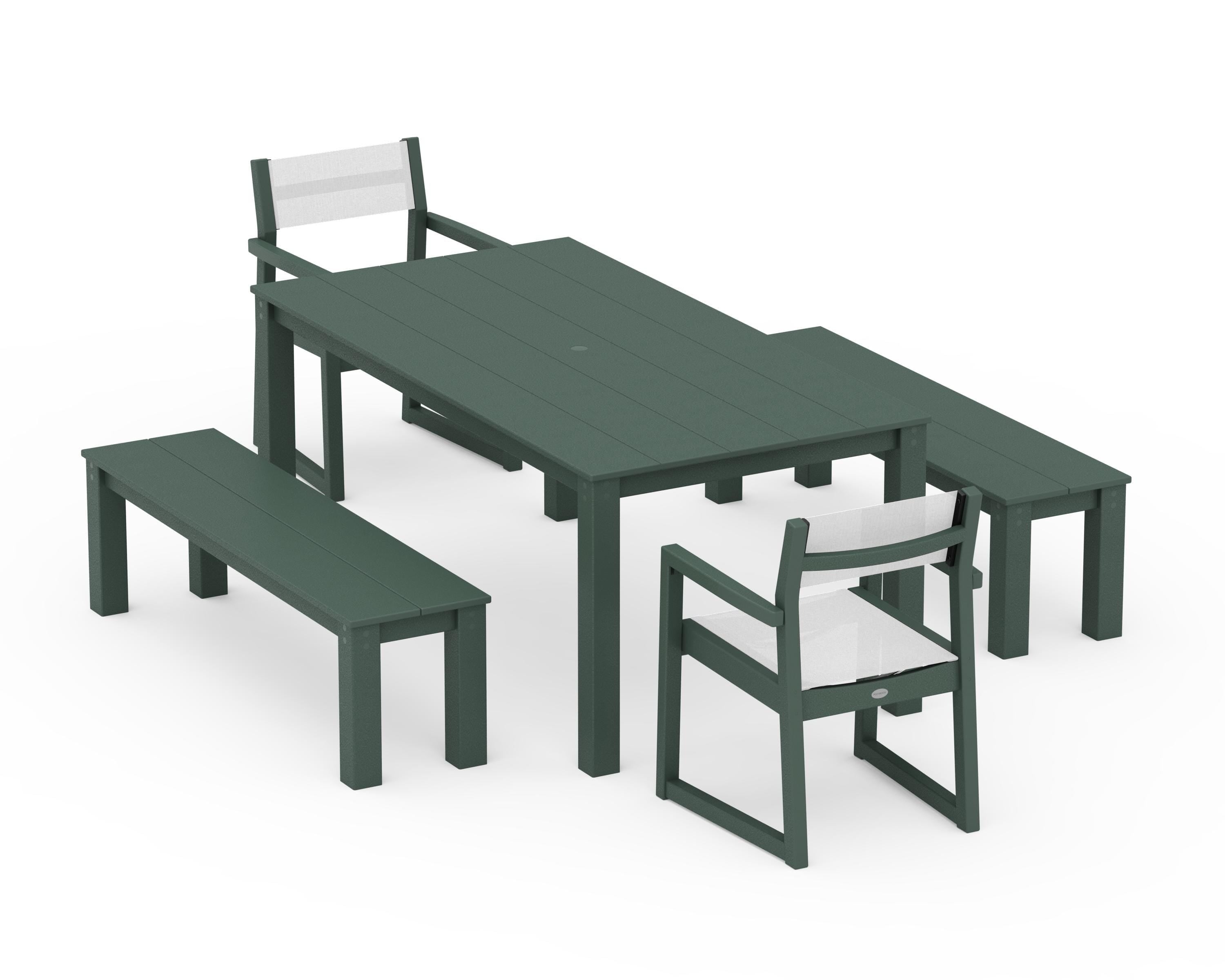 POLYWOOD® EDGE Sling Arm Chair 5-Piece Parsons Dining Set with Benches in Green / White Sling