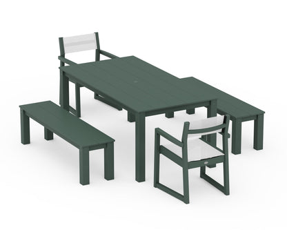 POLYWOOD® EDGE Sling Arm Chair 5-Piece Parsons Dining Set with Benches in Green / White Sling