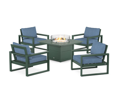POLYWOOD® EDGE Sectional 5-Piece Deep Seating Set with Fire Pit Table in Green / Sky Blue