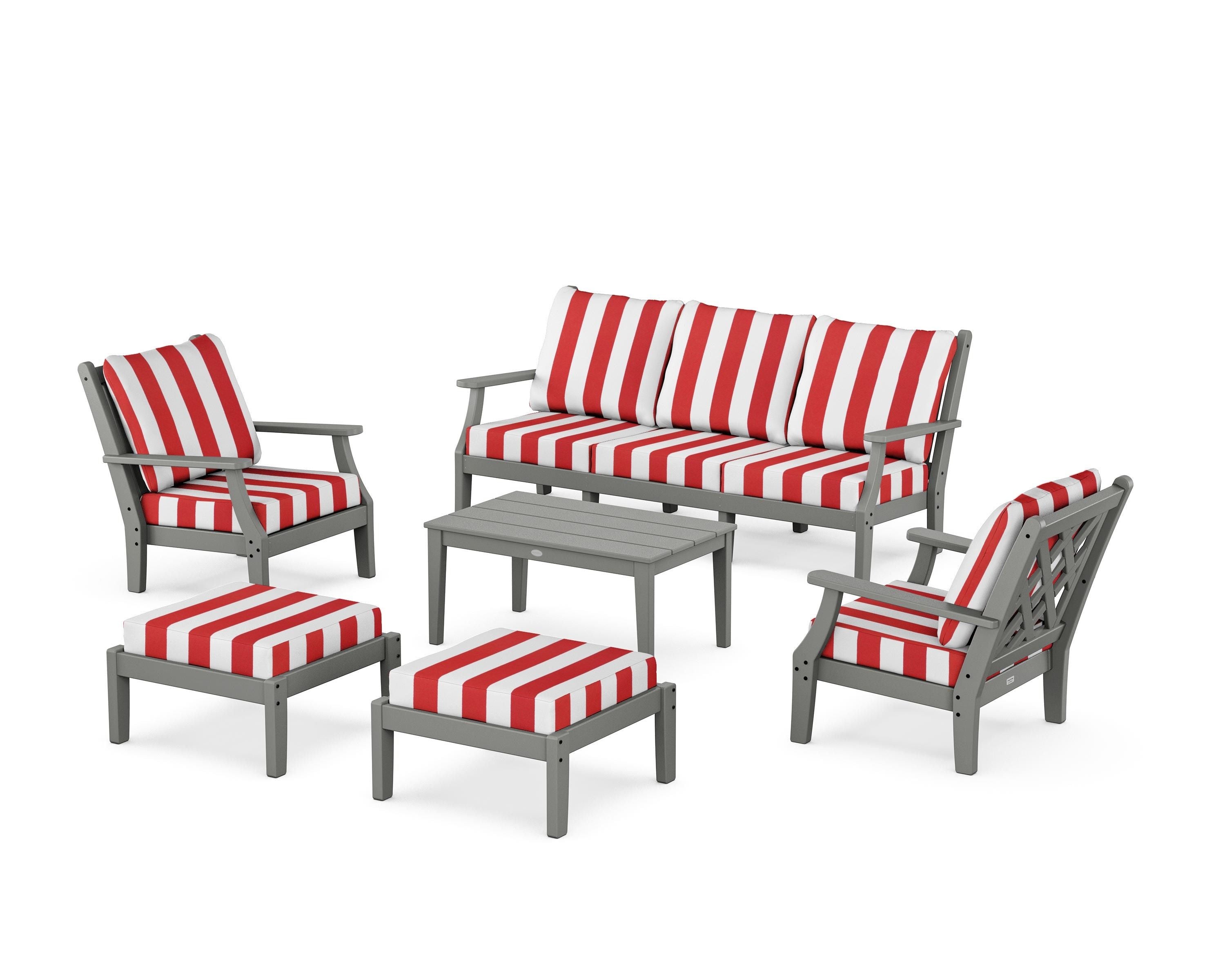 Country Living Wovendale 6-Piece Lounge Sofa Set in Slate Grey / Cabana Stripe Crimson