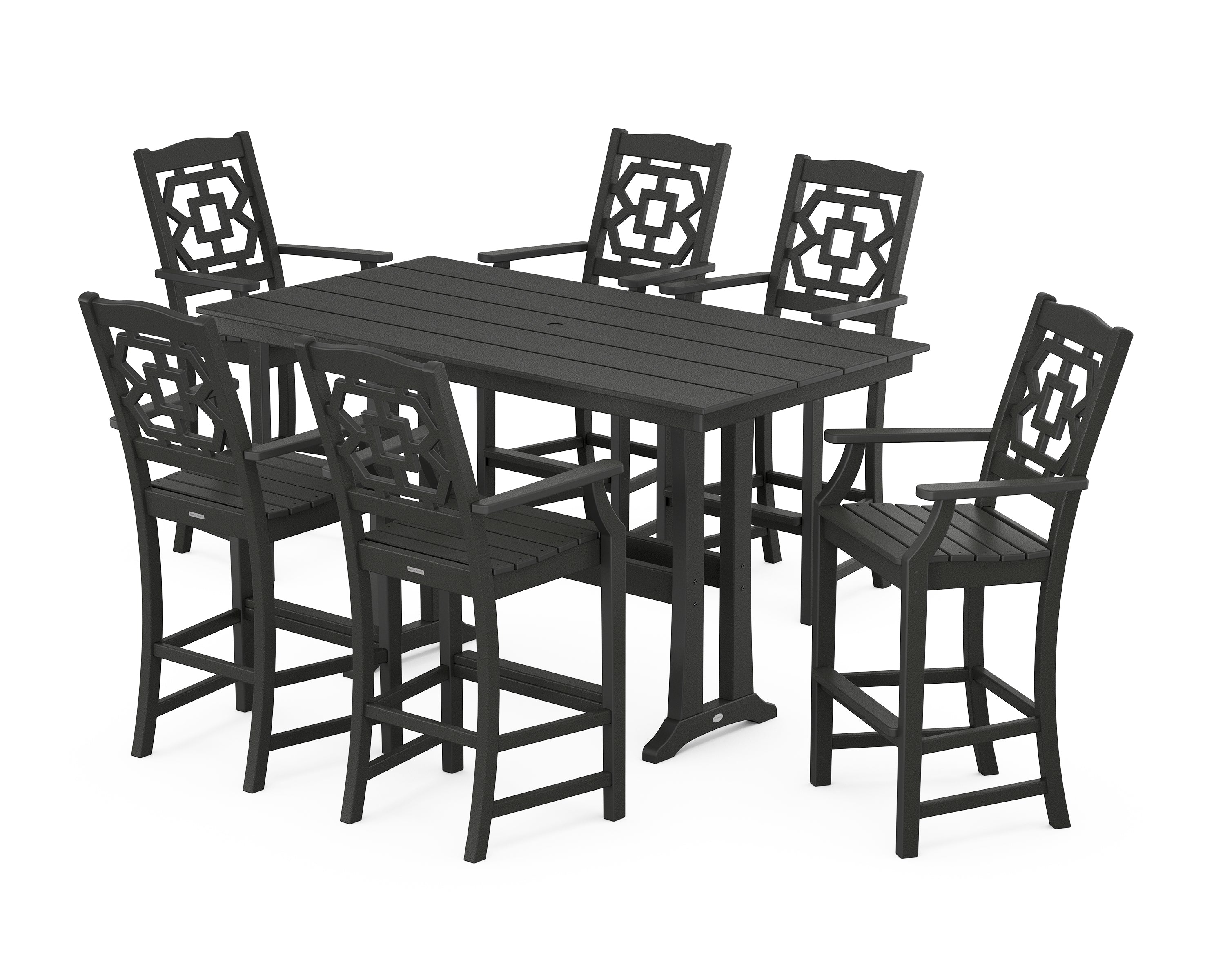 Martha Stewart by POLYWOOD® Chinoiserie Arm Chair 7-Piece Farmhouse Bar Set with Trestle Legs in Black
