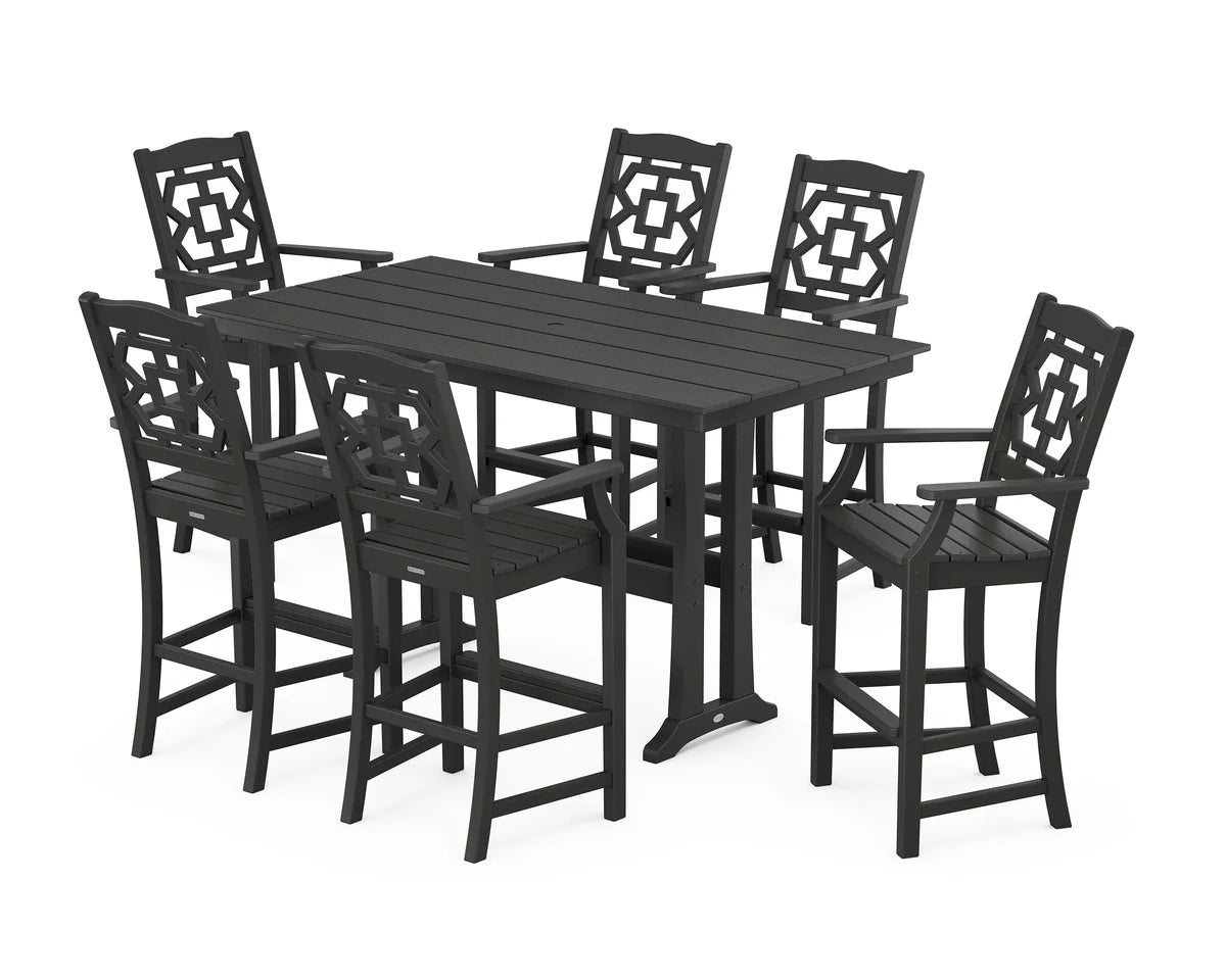 Chinoiserie Arm Chair 7-Piece Farmhouse Bar Set with Trestle Legs