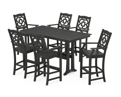 Chinoiserie Arm Chair 7-Piece Farmhouse Bar Set with Trestle Legs