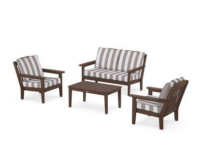 Country Living Cottage 4-Piece Deep Seating Set with Loveseat in Mahogany / Cabana Stripe Grey Mist
