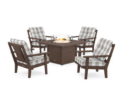POLYWOOD® Prairie 5-Piece Deep Seating Set with Fire Pit Table in Mahogany / Buffalo Plaid Grey Mist