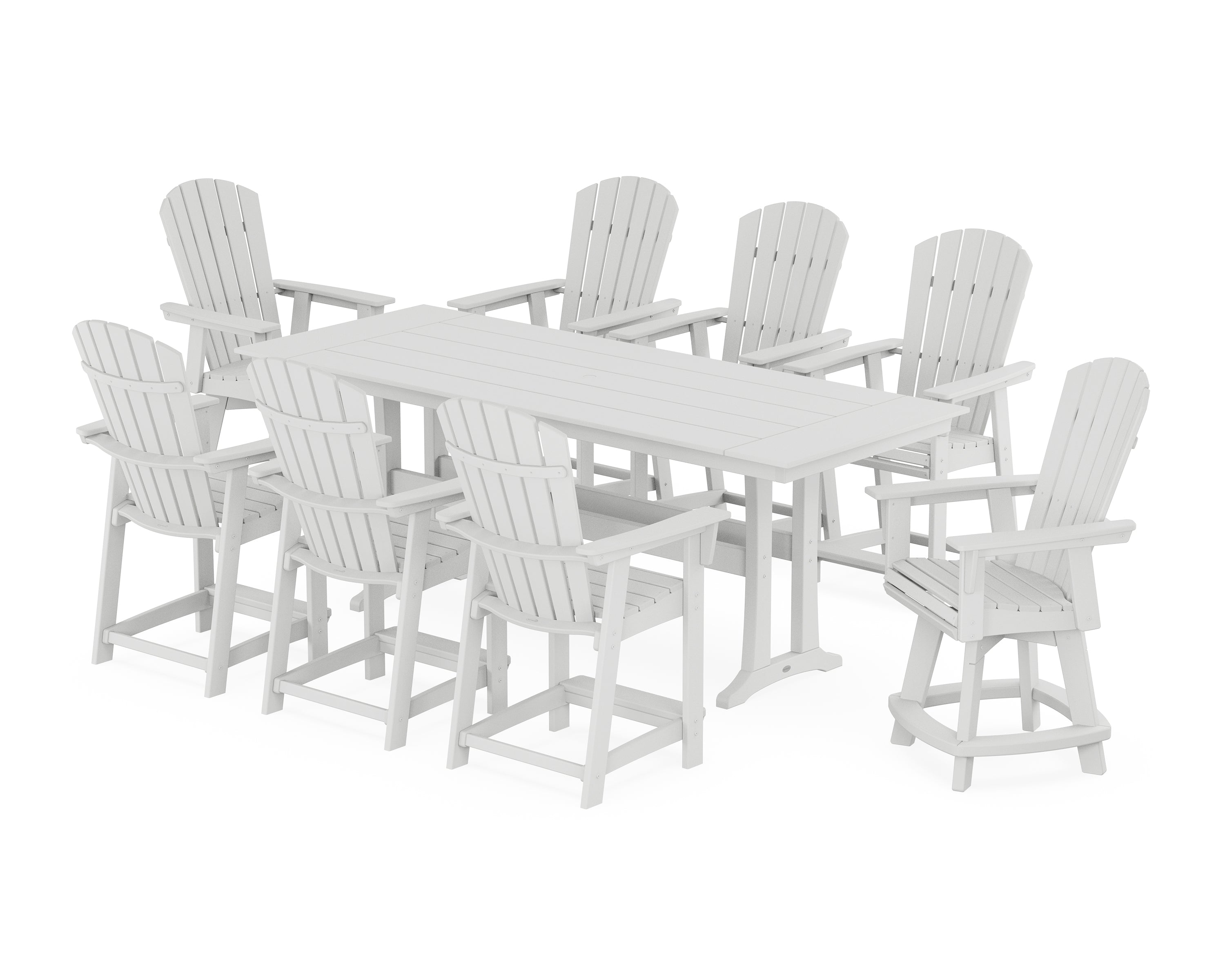 POLYWOOD® Nautical Curveback Adirondack Swivel Chair 9-Piece Farmhouse Counter Set with Trestle Legs in White