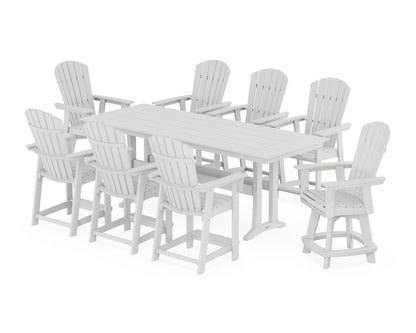 POLYWOOD® Nautical Curveback Adirondack Swivel Chair 9-Piece Farmhouse Counter Set with Trestle Legs in White