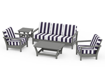 POLYWOOD® Harbour 5-Piece Deep Seating Set in Slate Grey / Cabana Stripe Navy