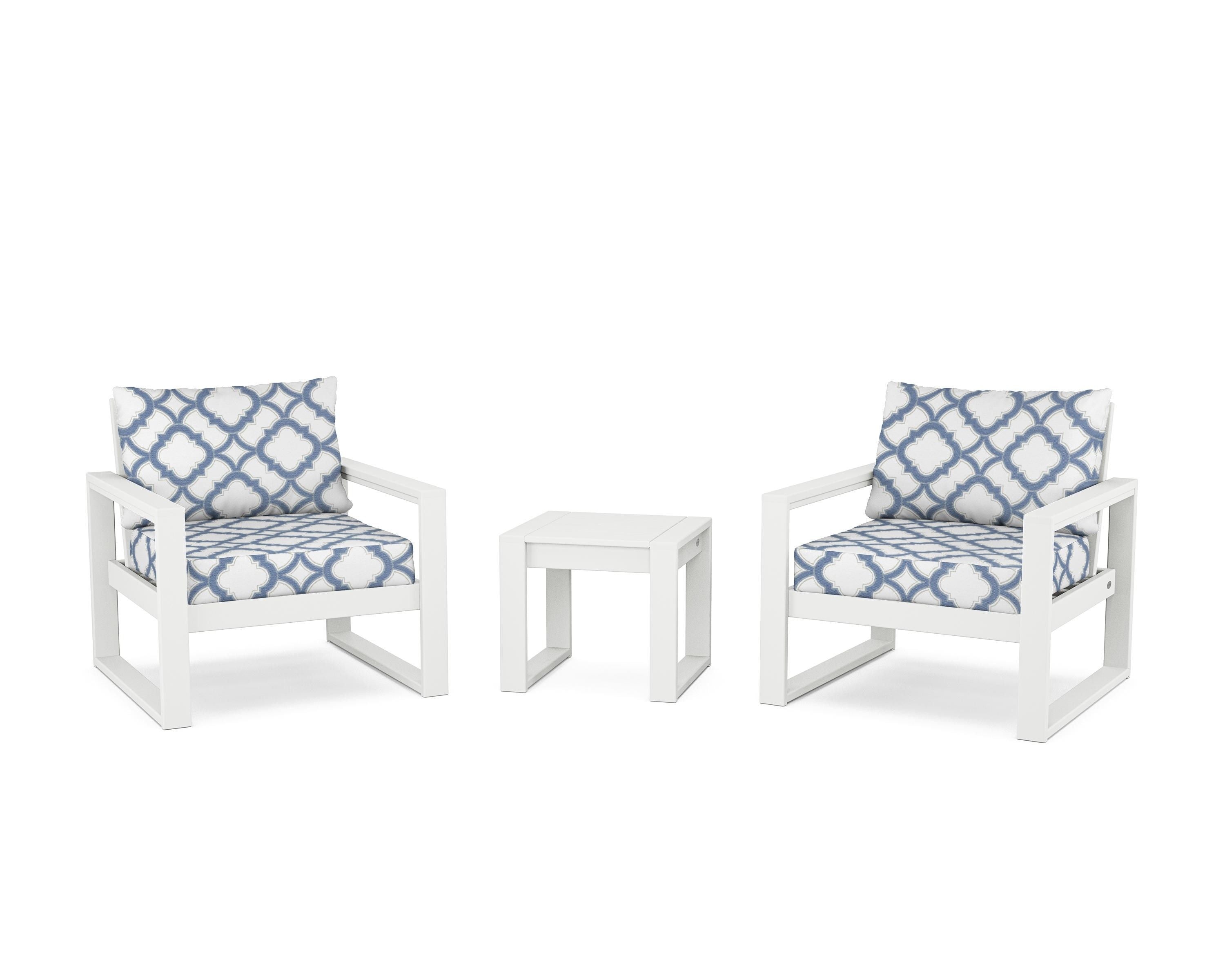 POLYWOOD® EDGE Sectional 3-Piece Deep Seating Set in White / Trellis Sky Blue
