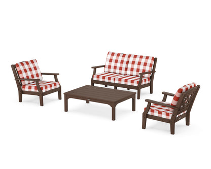 Martha Stewart by POLYWOOD® Chinoiserie 4-Piece Deep Seating Set with Loveseat in Mahogany / Buffalo Plaid Crimson