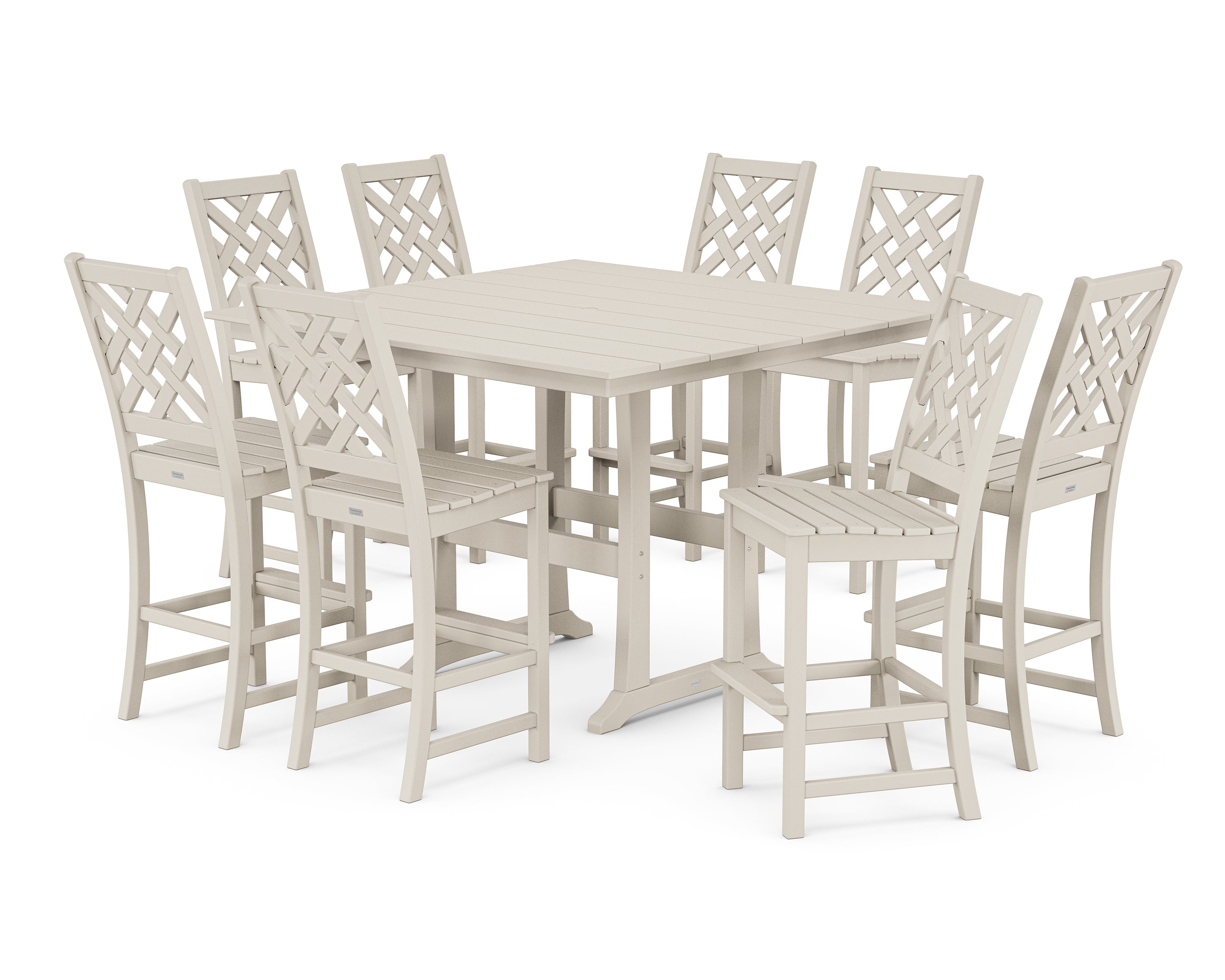 Country Living Wovendale Side Chair 9-Piece Square Farmhouse Bar Set with Trestle Legs in Sand