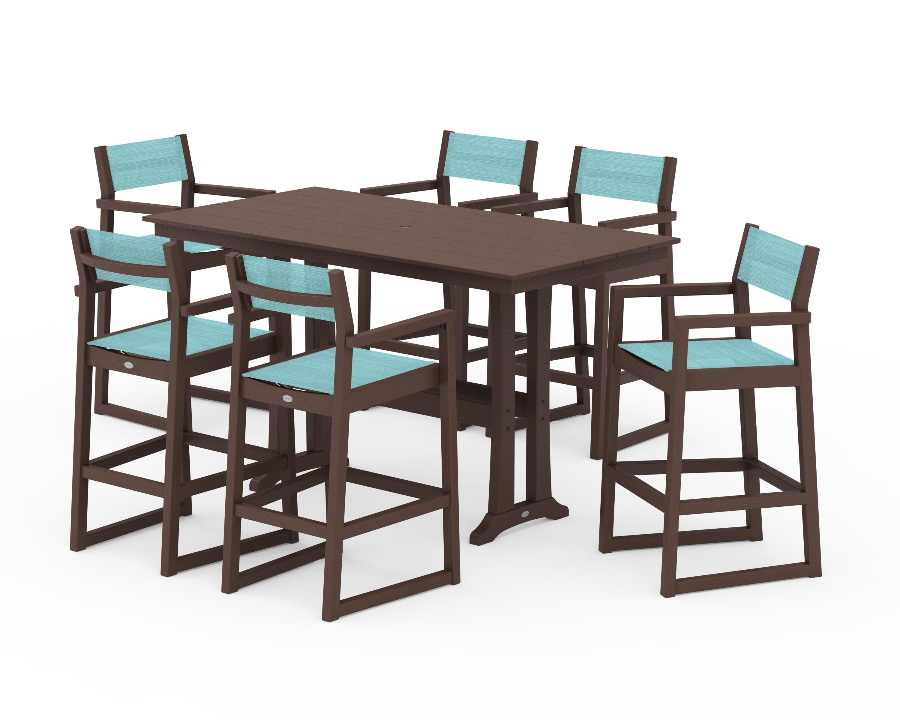 POLYWOOD® EDGE Sling Arm Chair 7-Piece Farmhouse Bar Set with Trestle Legs in Mahogany / Dupioni Aquamarine Sling