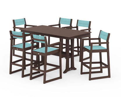POLYWOOD® EDGE Sling Arm Chair 7-Piece Farmhouse Bar Set with Trestle Legs in Mahogany / Dupioni Aquamarine Sling