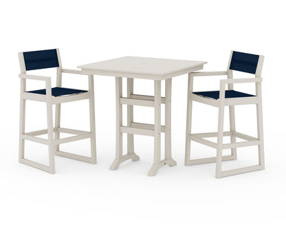 POLYWOOD® EDGE Sling Arm Chair 3-Piece Farmhouse Bar Set with Trestle Legs in Sand / Navy Blue Sling