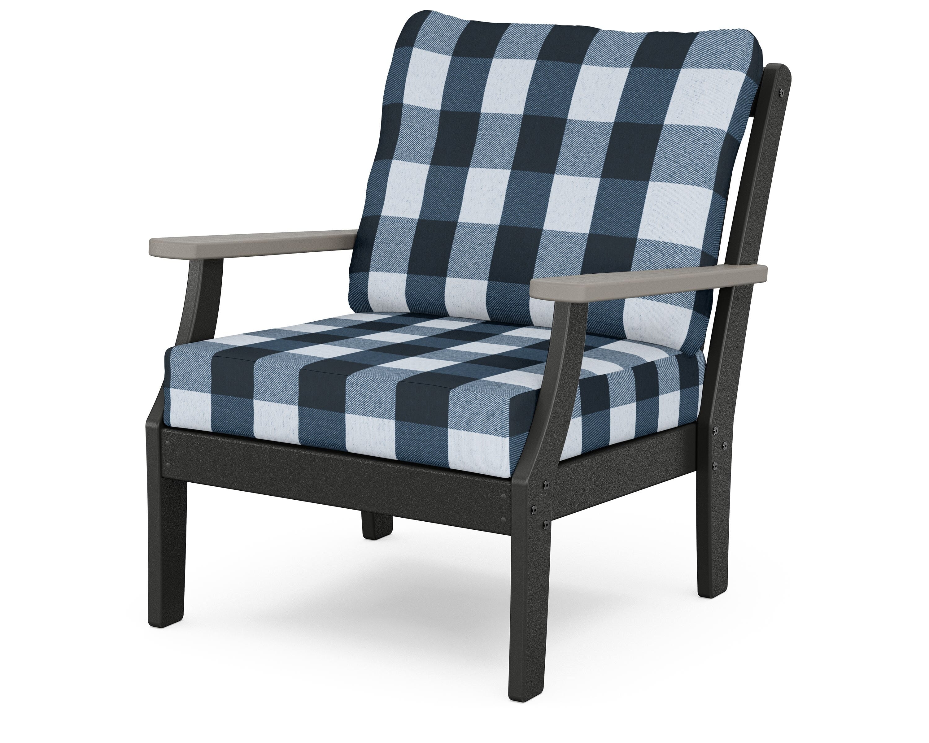 POLYWOOD® Braxton Deep Seating Chair in Black / Driftwood / Buffalo Plaid Marine Indigo