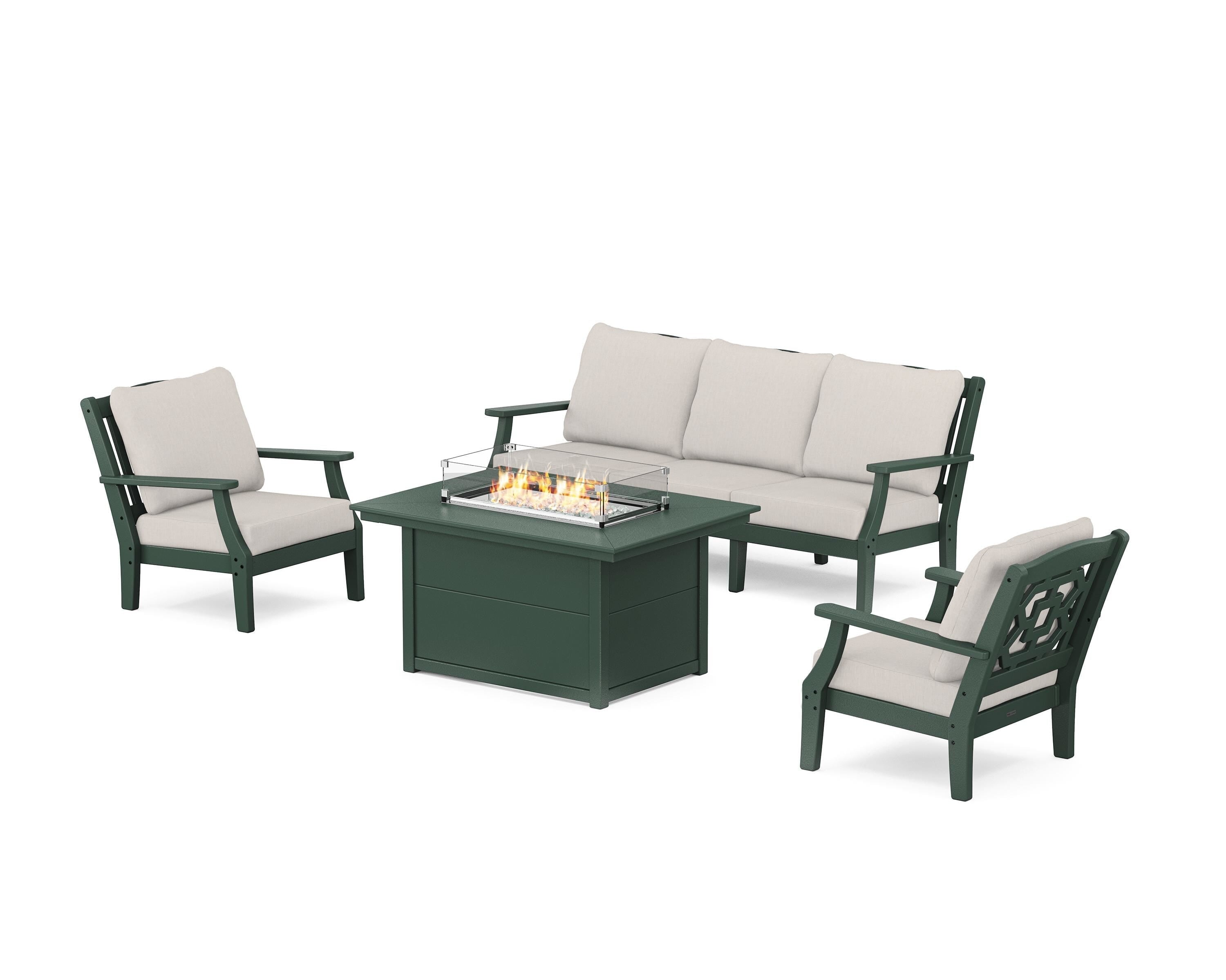 Martha Stewart by POLYWOOD® Chinoiserie Deep Seating Fire Pit Table Set in Green / Cast Ash
