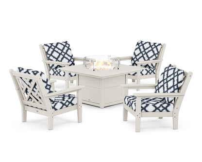 POLYWOOD® Chippendale 5-Piece Deep Seating Set with Fire Pit Table in Sand / Trellis Marine Indigo