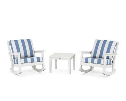 POLYWOOD® Chippendale 3-Piece Deep Seating Rocker Set in White / Cabana Stripe Sky Blue