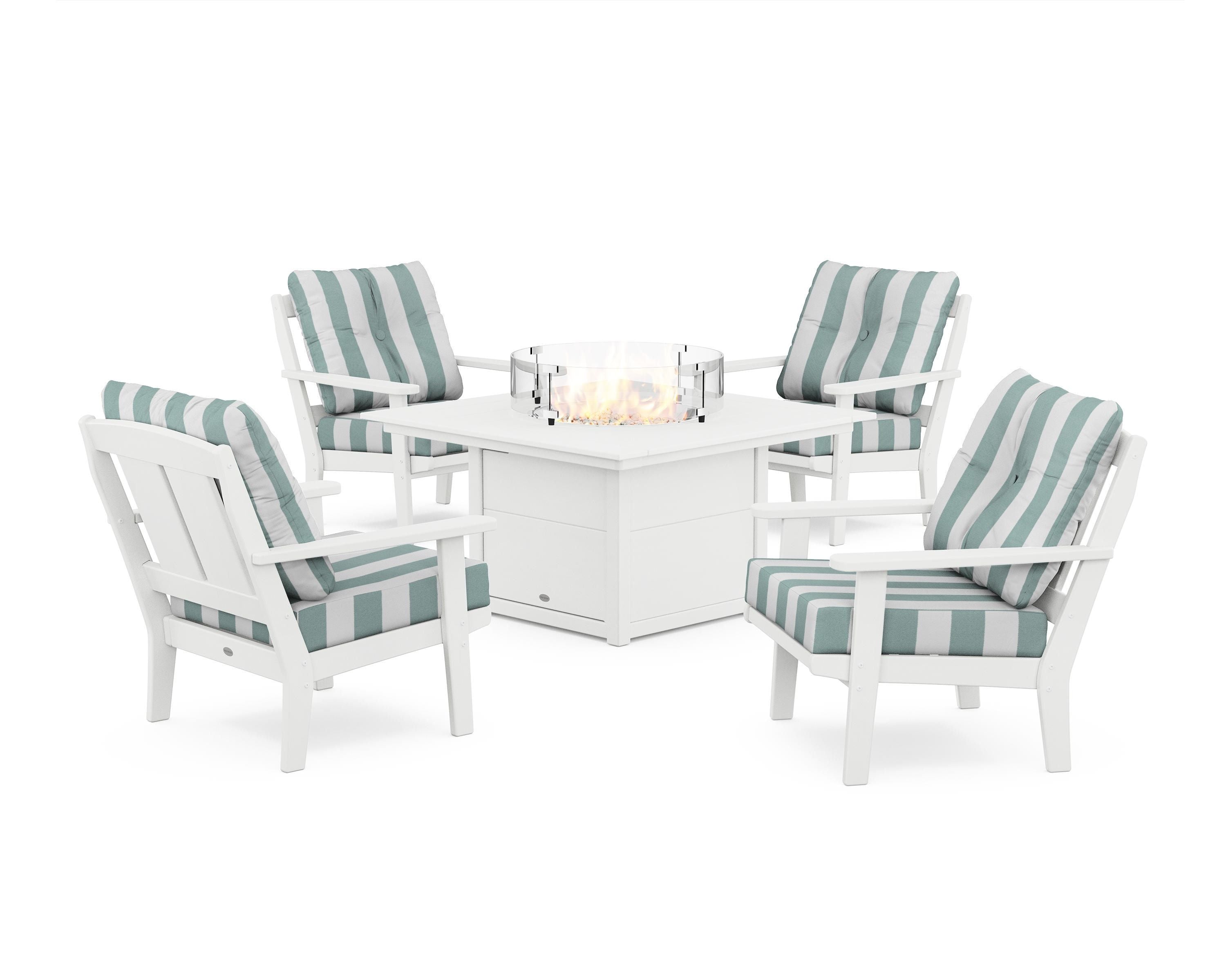 POLYWOOD® Mission 5-Piece Deep Seating Set with Fire Pit Table in White / Cabana Stripe Glacier Spa