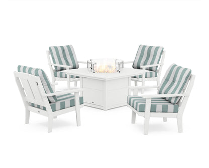POLYWOOD® Mission 5-Piece Deep Seating Set with Fire Pit Table in White / Cabana Stripe Glacier Spa