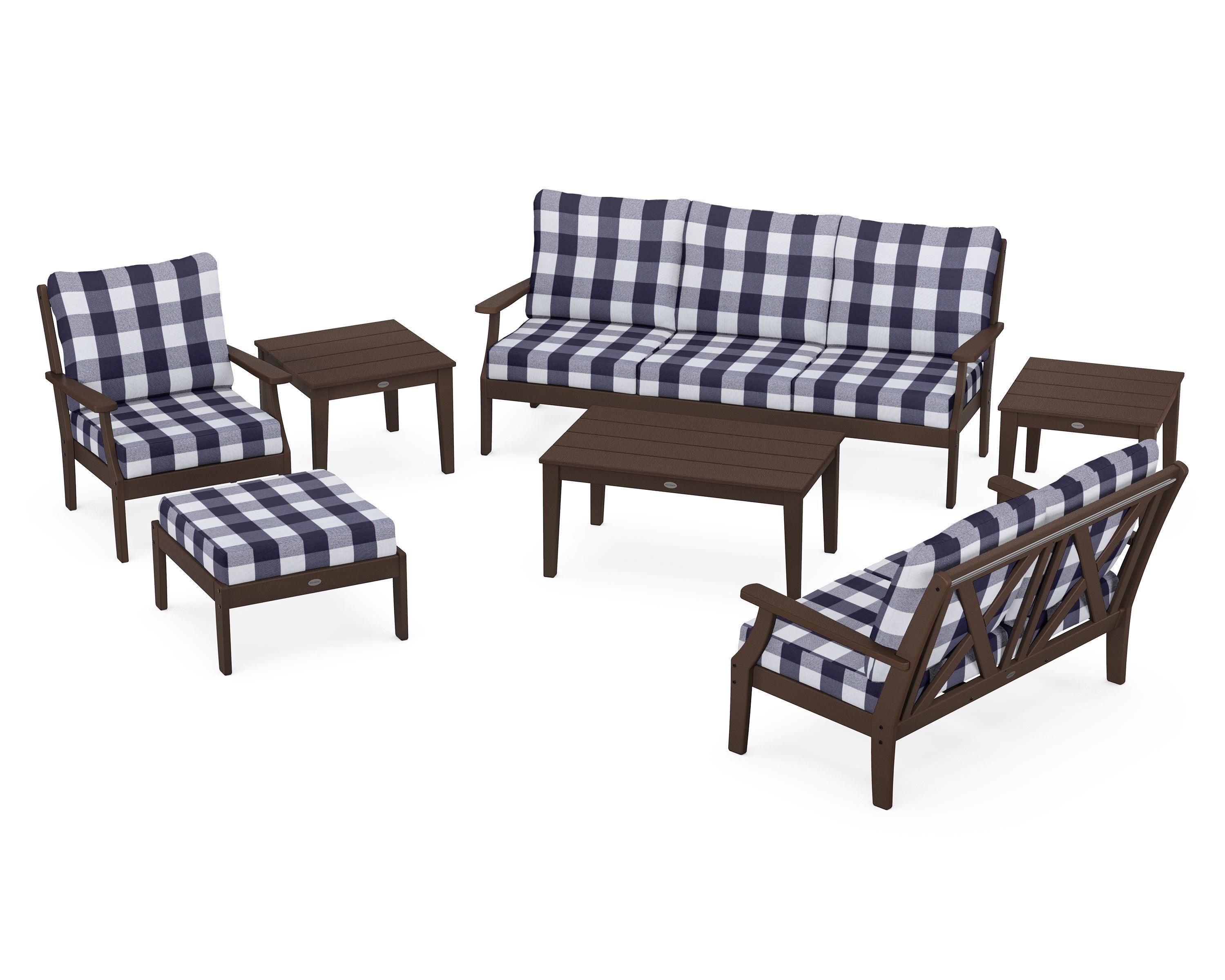 POLYWOOD® Braxton 7-Piece Deep Seating Set in Mahogany / Buffalo Plaid Navy