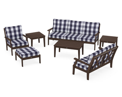 POLYWOOD® Braxton 7-Piece Deep Seating Set in Mahogany / Buffalo Plaid Navy