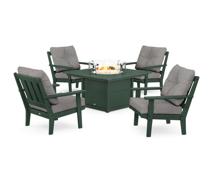 POLYWOOD® Oxford 5-Piece Deep Seating Set with Fire Pit Table in Green / Grey Mist