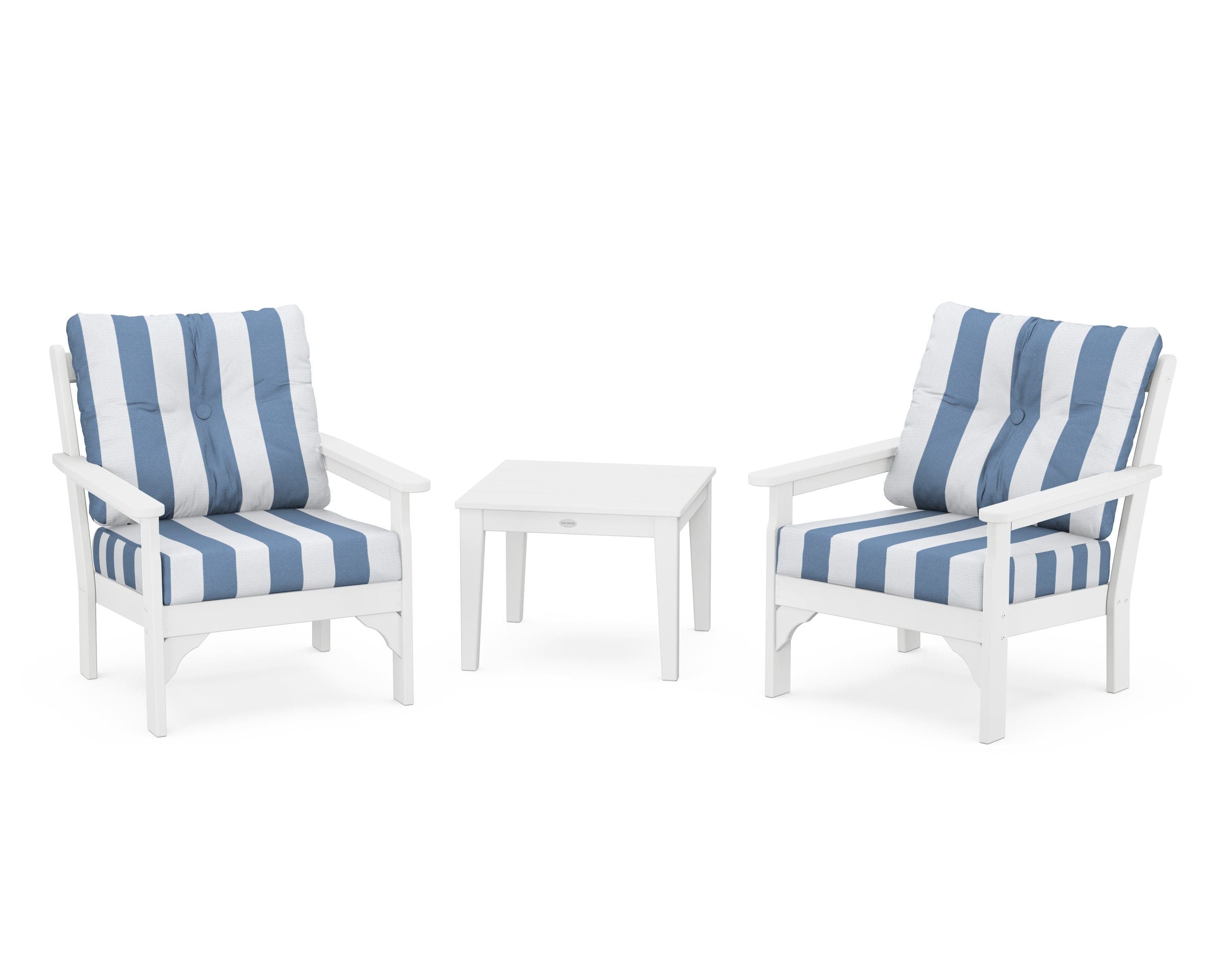 POLYWOOD® Vineyard 3-Piece Deep Seating Set in White / Cabana Stripe Sky Blue
