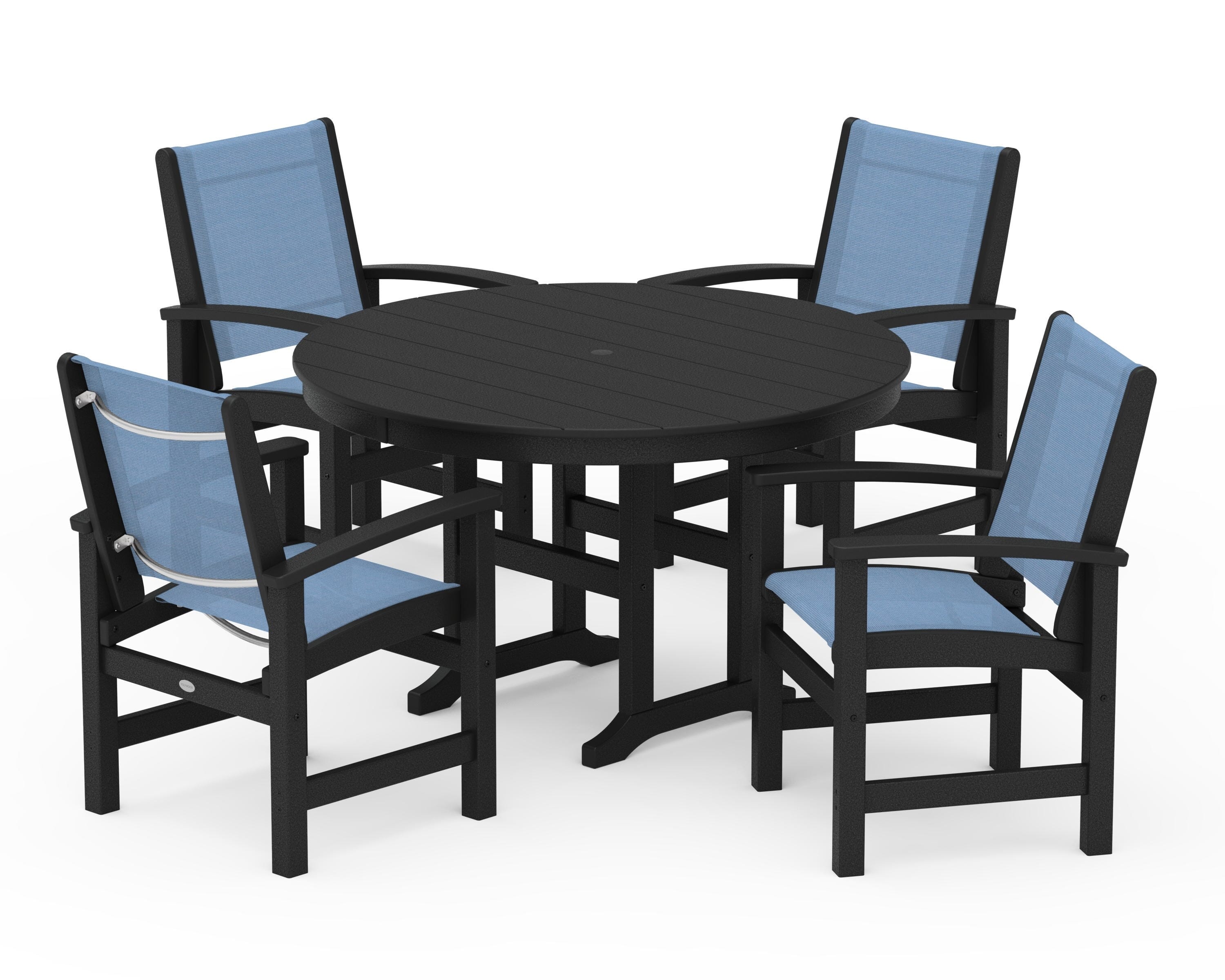 POLYWOOD® Coastal 5-Piece Round Farmhouse Dining Set in Black / Poolside Sling