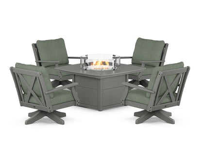 POLYWOOD® Braxton 5-Piece Deep Seating Swivel Conversation Set with Fire Pit Table in Slate Grey / Cast Sage
