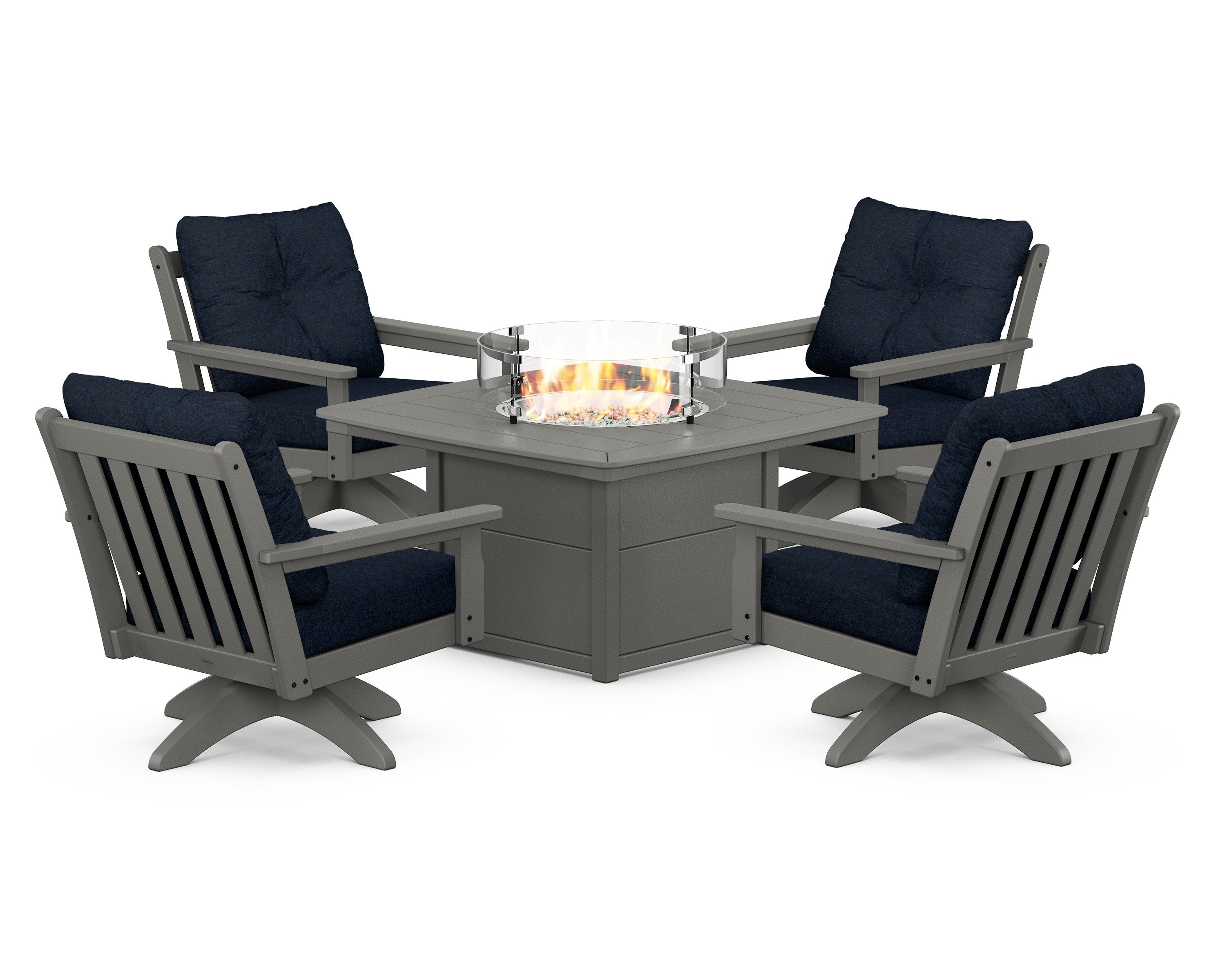 POLYWOOD® Vineyard 5-Piece Deep Seating Swivel Conversation Set with Fire Pit Table in Slate Grey / Marine Indigo