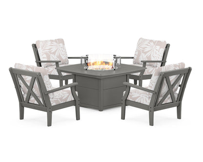 POLYWOOD® Braxton 5-Piece Deep Seating Conversation Set with Fire Pit Table in Slate Grey / Leaf Dune Burlap