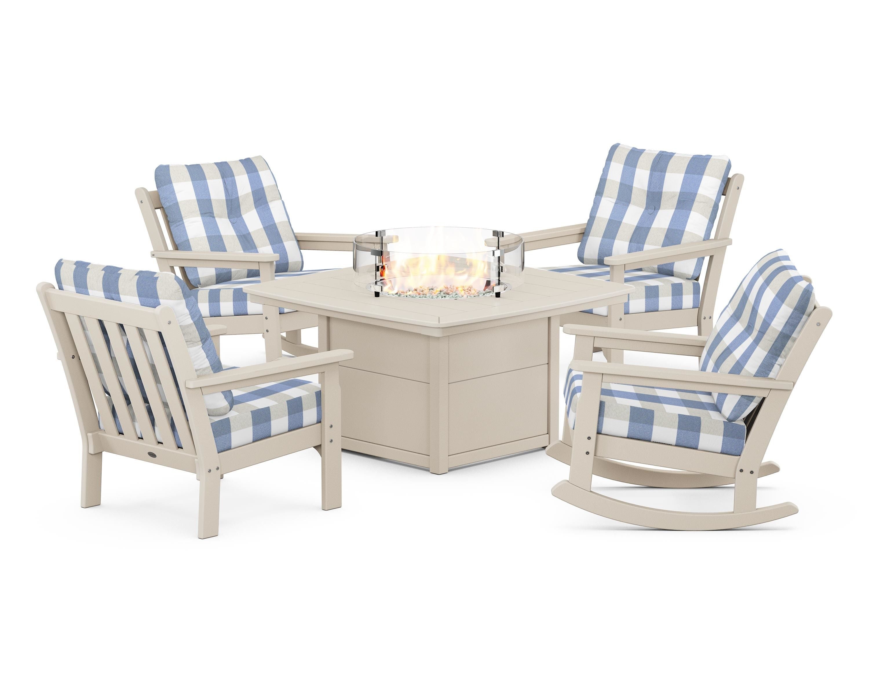 POLYWOOD® Vineyard 5-Piece Deep Seating Rocking Chair Conversation Set with Fire Pit Table in Sand / Buffalo Plaid Sky Blue