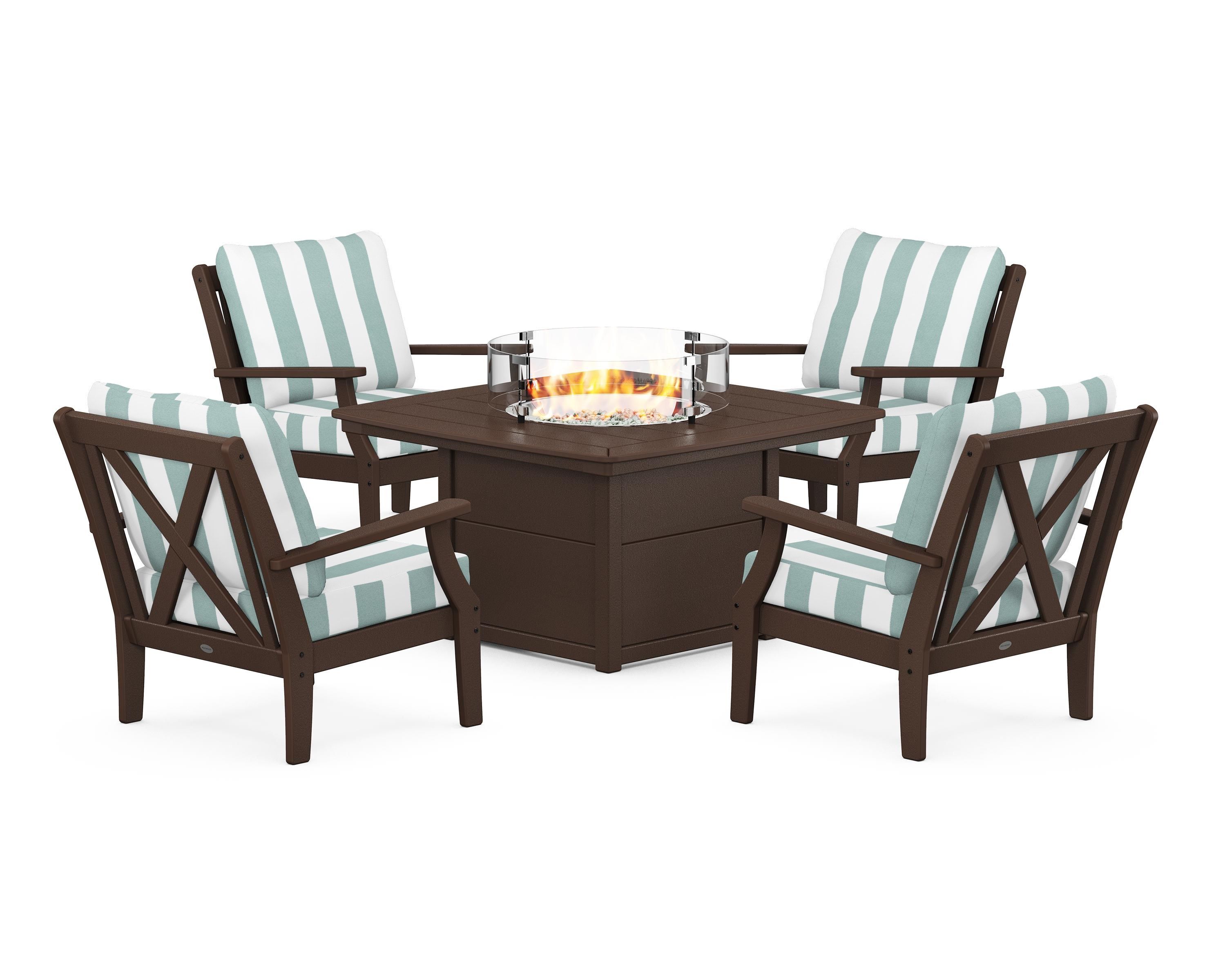 POLYWOOD® Braxton 5-Piece Deep Seating Conversation Set with Fire Pit Table in Mahogany / Cabana Stripe Glacier Spa