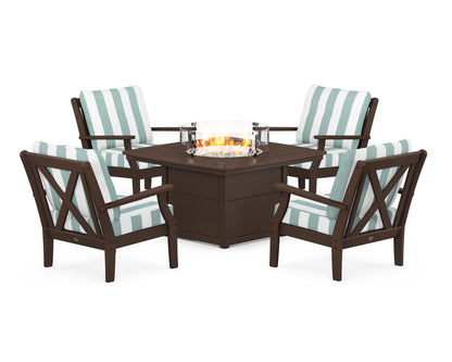POLYWOOD® Braxton 5-Piece Deep Seating Conversation Set with Fire Pit Table in Mahogany / Cabana Stripe Glacier Spa