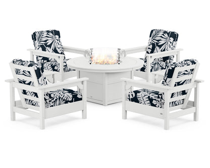 POLYWOOD® Club 5-Piece Conversation Set with Fire Pit Table in White / Leaf Marine Indigo