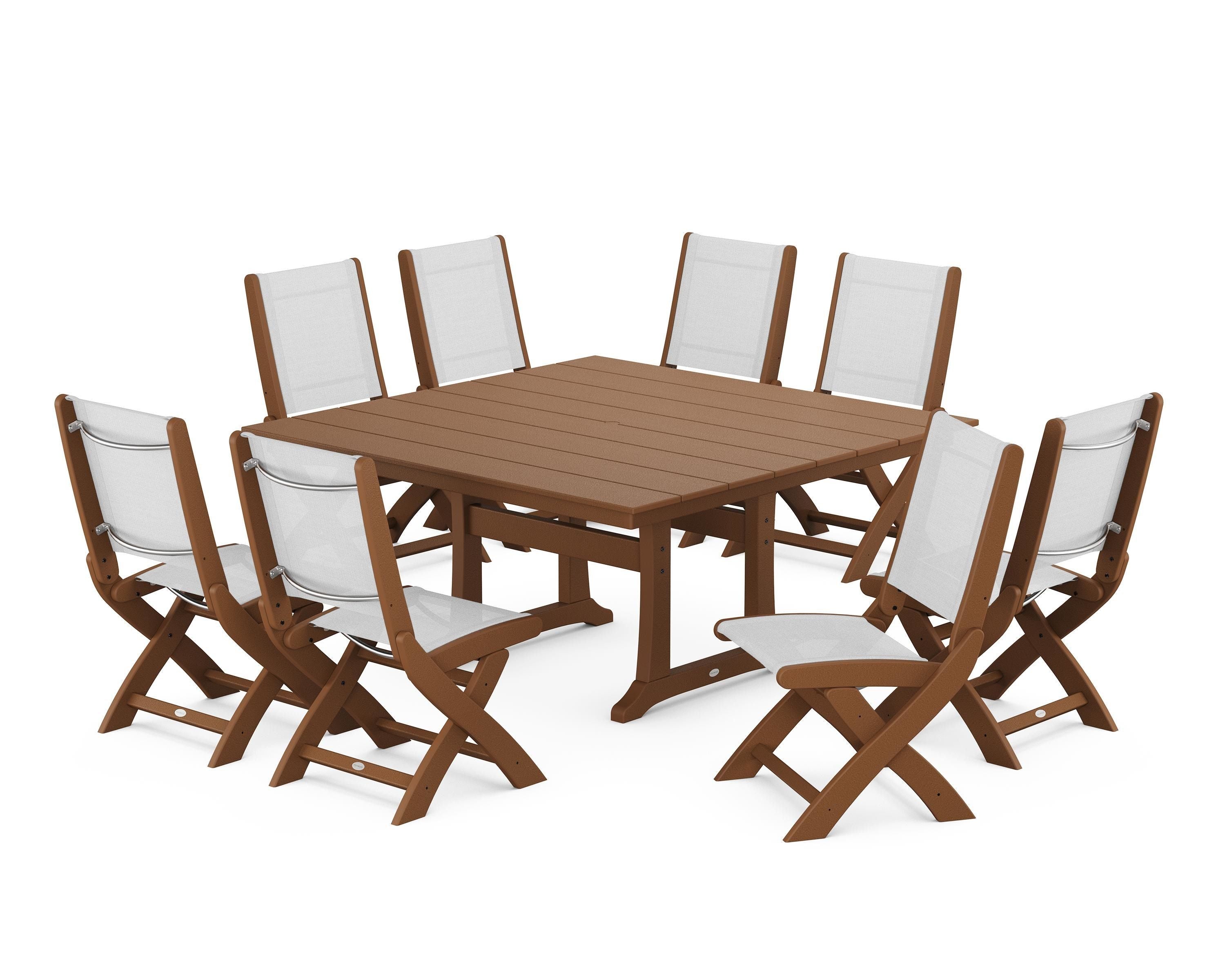 POLYWOOD® Coastal Folding Side Chair 9-Piece Farmhouse Dining Set in Teak / White Sling
