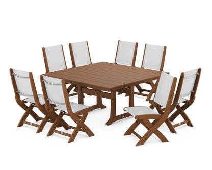 POLYWOOD® Coastal Folding Side Chair 9-Piece Farmhouse Dining Set in Teak / White Sling