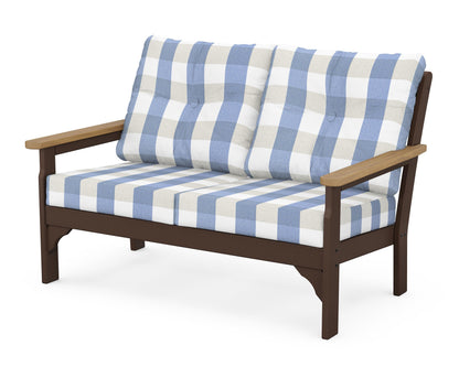 POLYWOOD® Vineyard Deep Seating Loveseat in Mahogany / Natural / Buffalo Plaid Sky Blue