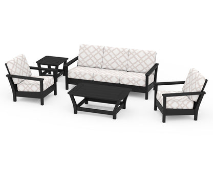 POLYWOOD® Harbour 5-Piece Deep Seating Set in Black / Trellis Dune Burlap