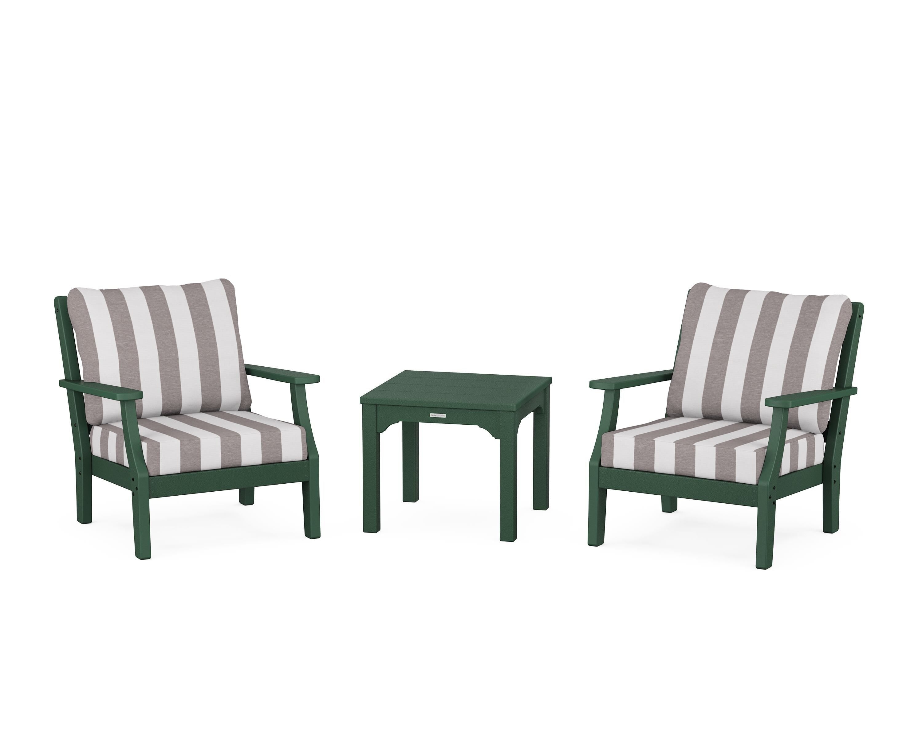 Martha Stewart by POLYWOOD® Chinoiserie 3-Piece Deep Seating Set in Green / Cabana Stripe Grey Mist