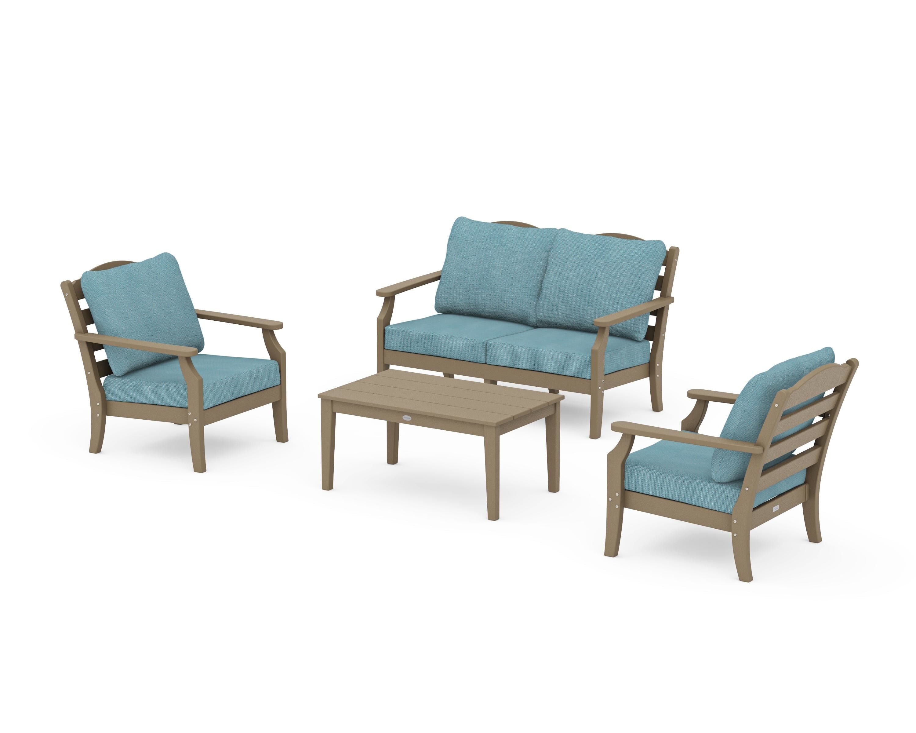 Draper James™ by  POLYWOOD® Savannah 4-Piece Deep Seating Set with Loveseat in Vintage Sahara / Lattice Sky Blue
