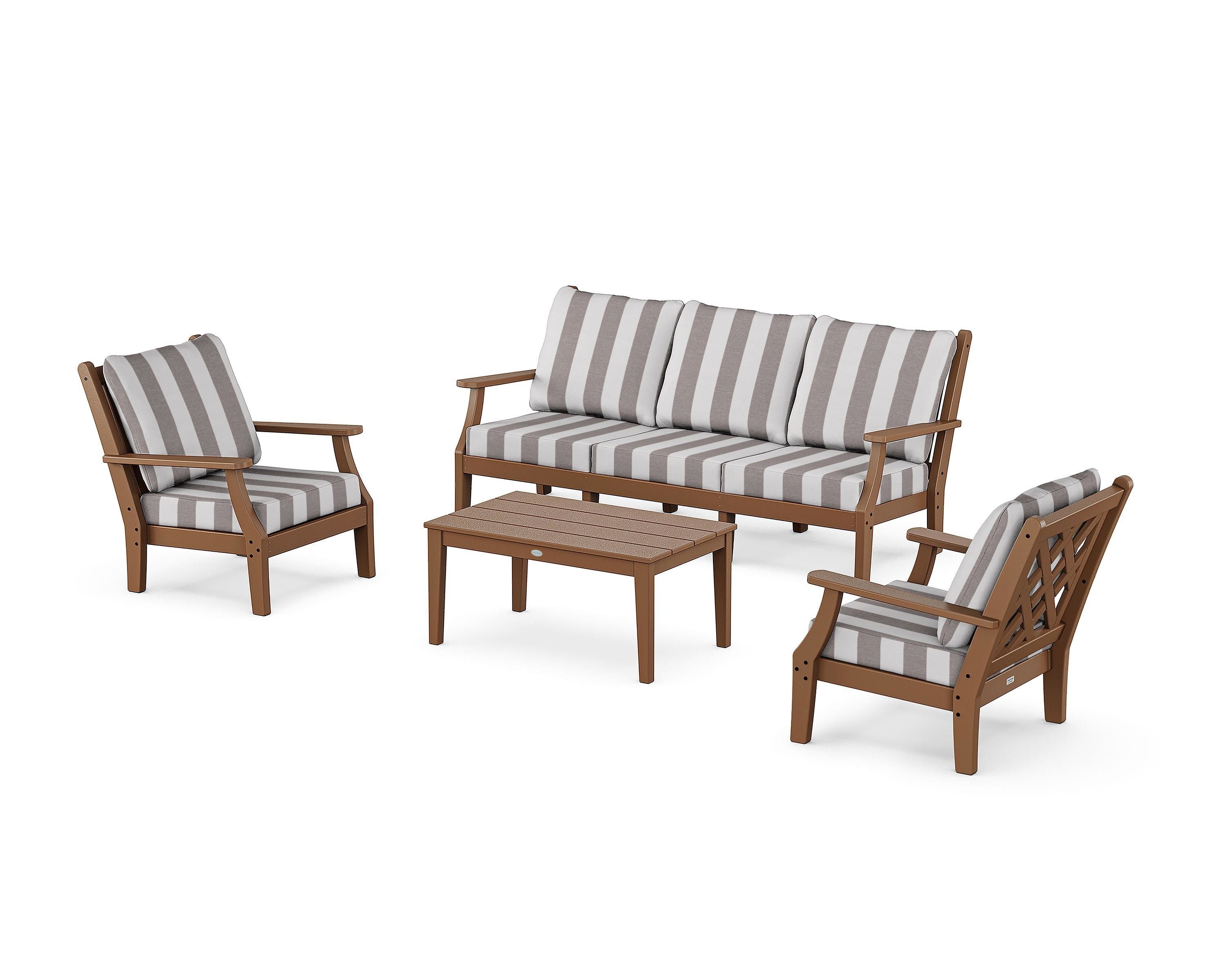 Country Living Wovendale 4-Piece Deep Seating Set with Sofa in Teak / Cabana Stripe Grey Mist